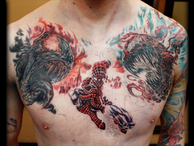 Spiderman Chest Piece done by Sean Ambrose at Arrows and Embers Custom 